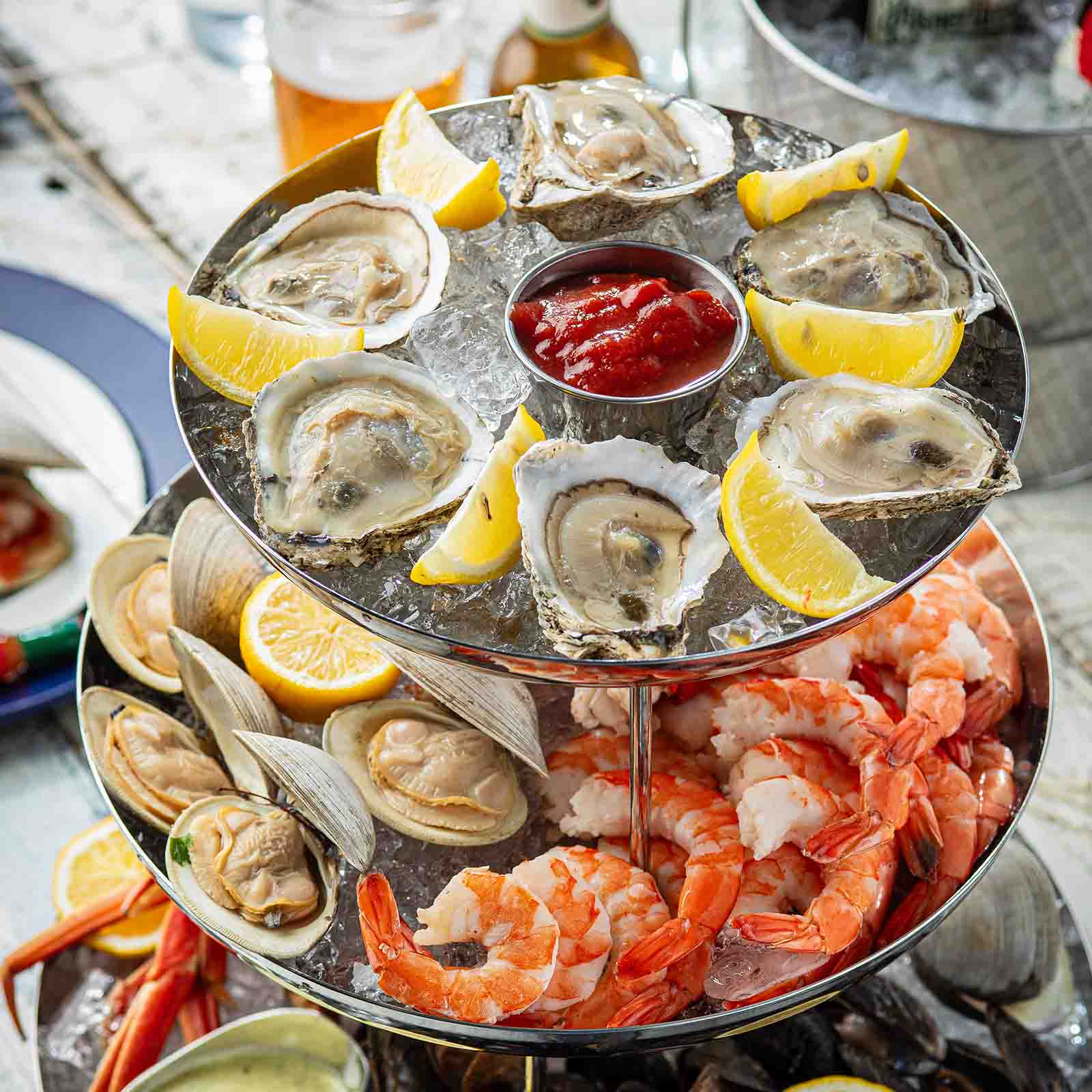seafood tower silver top down